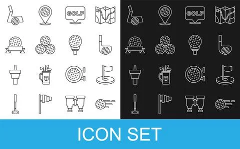 Set line Golf ball, hole with flag, club, label, and on tee icon. Vector Stock Illustration