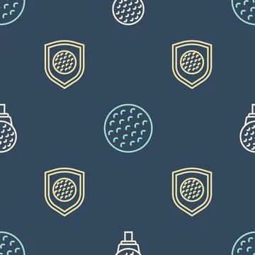 Set line Golf ball on tee, with shield and on seamless pattern. Vector Stock Illustration