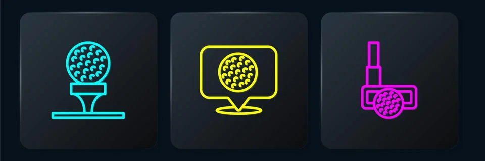 Set line Golf ball on tee, club with and label. Black square button. Vector Illustrazione stock