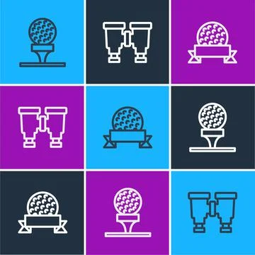 Set line Golf ball on tee, and Binoculars icon. Vector Stock Illustration