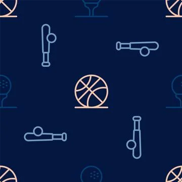 Set line Golf ball on tee, Baseball bat with and Basketball on seamless pattern Stock Illustration