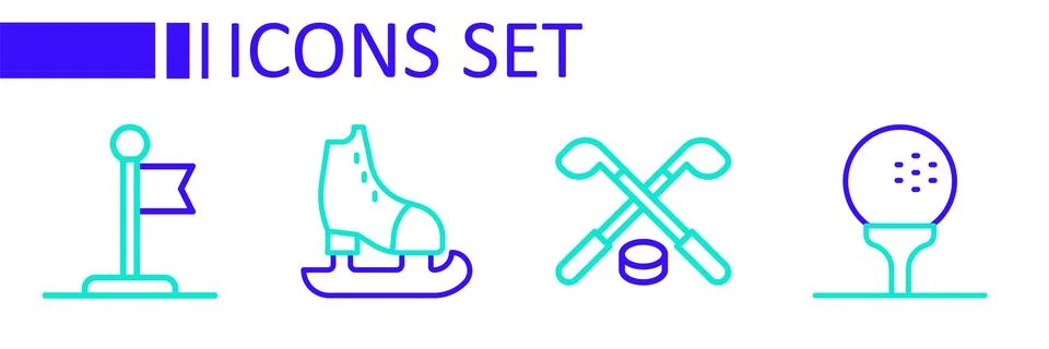 Set line Golf ball on tee, Ice hockey sticks and puck, Skates and Flag icon.. Stock Illustration