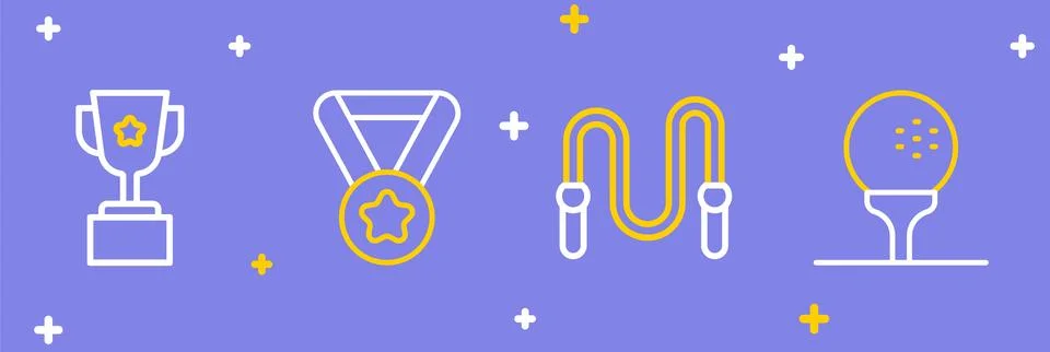 Set line Golf ball on tee, Jump rope, Medal and Award cup icon. Vector Stock Illustration