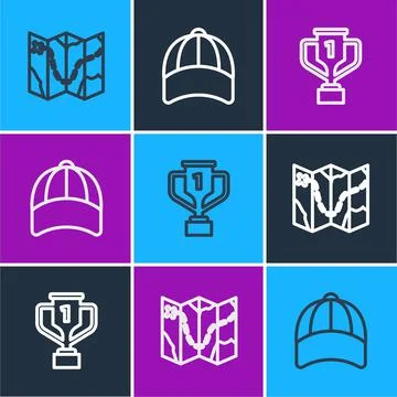 Set line Golf course layout, Award cup with golf and Baseball cap icon. Vector Stockillustratie