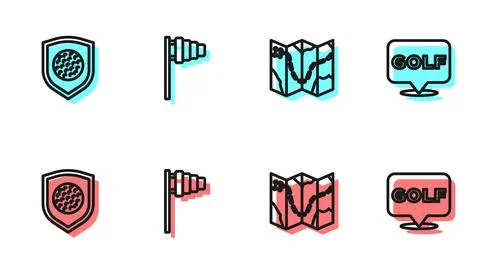 Set line Golf course layout, ball with shield, flag and label icon. Vector Stockillustratie