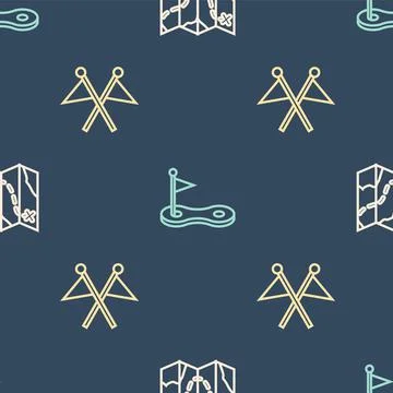 Set line Golf course layout, flag and hole with on seamless pattern. Vector Stockillustratie