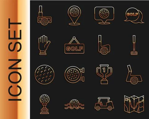 Set line Golf course layout, club with ball, label, glove, and icon. Vector Stockillustratie