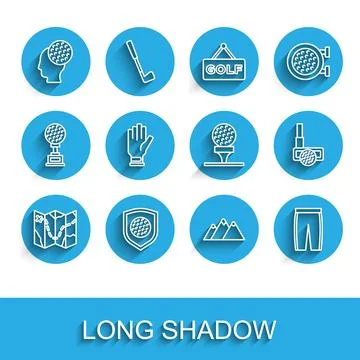 Set line Golf course layout, ball with shield, Mountains, pants, glove, clu.. Stock Illustration