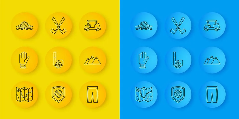 Set line Golf course layout, glove, club with ball, pants, Mountains, water.. Stock Illustration