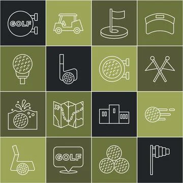 Set line Golf flag, ball, hole with, club, on tee, sport and icon. Vector Stock Illustration