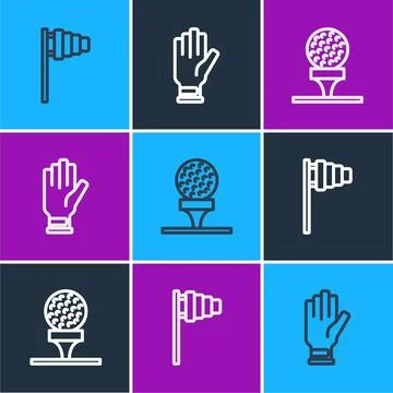 Set line Golf flag, ball on tee and glove icon. Vector Stock Illustration