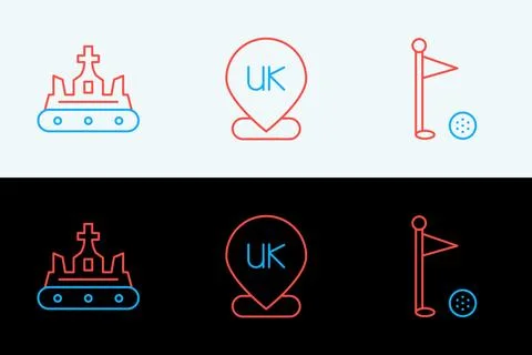 Set line Golf flag, British crown and Location England icon. Vector Stock Illustration