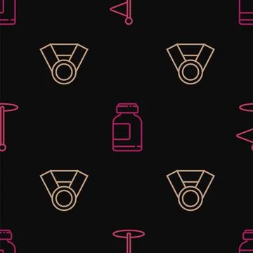 Set line Golf flag, Medal and Sports nutrition on seamless pattern. Vector Stock Illustration