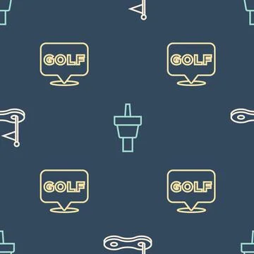 Set line Golf hole with flag, label and tee on seamless pattern. Vector Stock Illustration