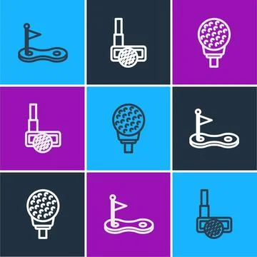 Set line Golf hole with flag, ball on tee and club icon. Vector Stock Illustration