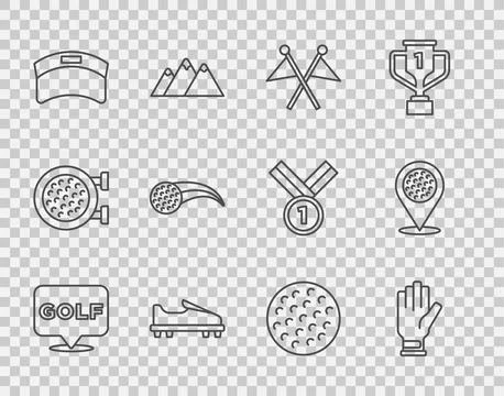 Set line Golf label, glove, flag, shoe, Sun visor cap, ball,  and Location .. Stock Illustration