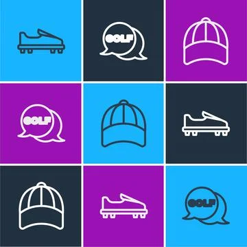 Set line Golf shoe, Baseball cap and label icon. Vector Stock Illustration