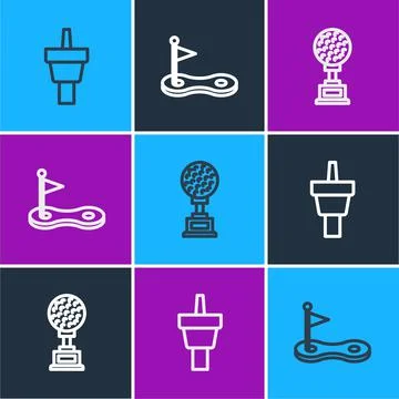 Set line Golf tee, Award cup with golf and hole flag icon. Vector Stock Illustration