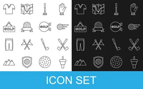 Set line Golf tee, Crossed golf club, ball, label, shirt and sport icon. Vector Stock Illustration