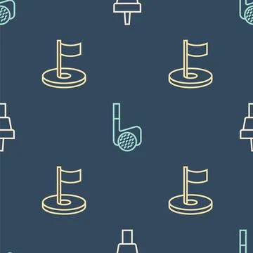 Set line Golf tee, hole with flag and club ball on seamless pattern. Vector Stock Illustration