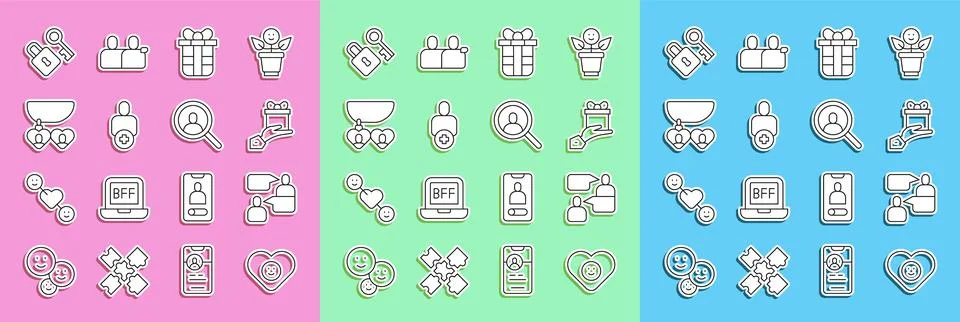 Set line Good relationship, Two sitting men talking, Give gift, Gift box, Add to Stock Illustration