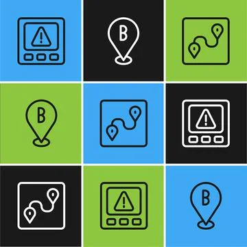 Set line Gps device error, Route location and Location icon. Vector Ilustración de archivo