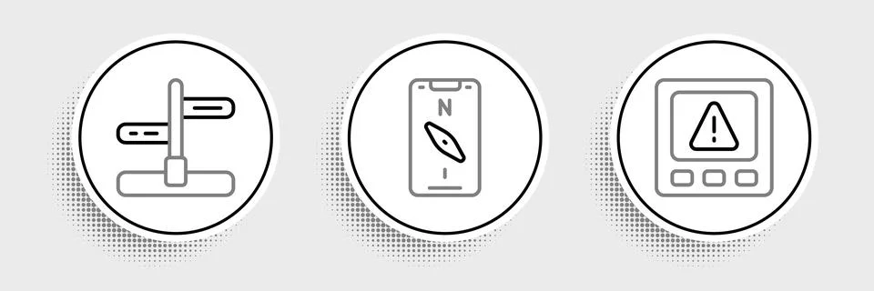 Set line Gps device error, Road traffic sign and Compass on mobile icon. Vector Stock Illustration