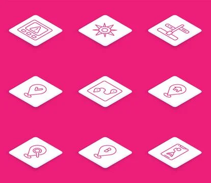 Set line Gps device error, Wind rose, Road traffic sign, Location with check Stock Illustration