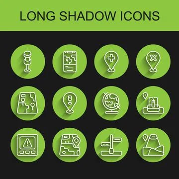 Set line Gps device error, City map navigation, Push pin, Road traffic sign.. Ilustração Stock