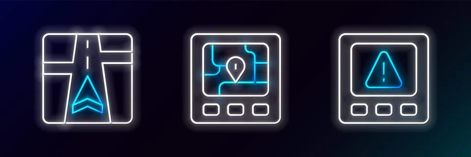 Set line Gps device error, with map and  icon. Glowing neon. Vector Stock Illustration