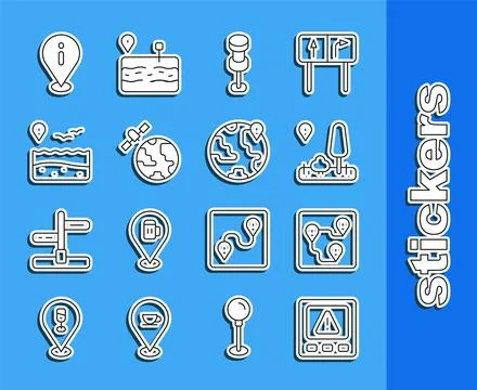 Set line Gps device error, Route location, City map navigation, Push pin, S.. Stock Illustration