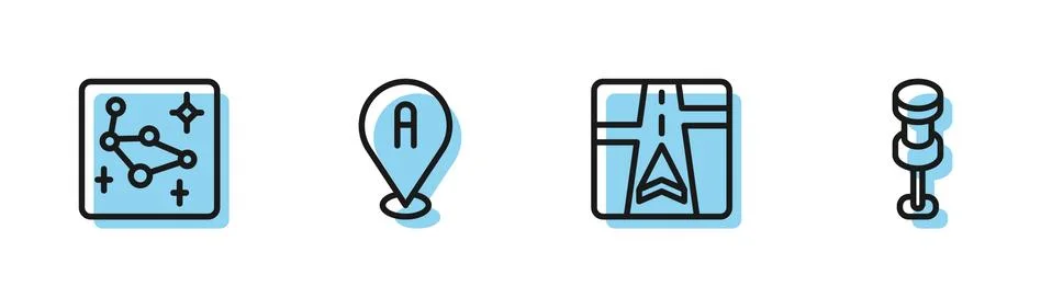 Set line Gps device with map, Great Bear constellation, Location and Push pin Stock Illustration