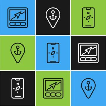 Set line Gps device with map, Compass on mobile and Location anchor icon. Vector Stock Illustration