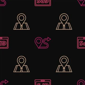 Set line Gps device with map, Location and Route location on seamless pattern Illustrazione stock