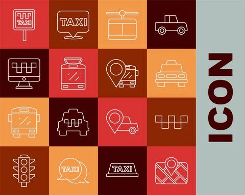 Set line Gps device with map, Taxi car roof, Cable, Tram and railway, Computer Stock Illustration