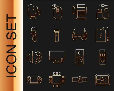 Set line Gps device with map, Remote control, Power bank charge cable, Printer Stock Illustration