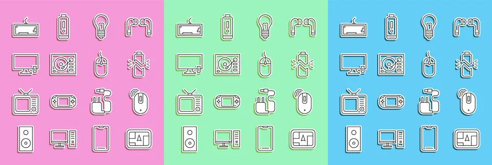 Set line Gps device with map, Wireless computer mouse, Broken battery, Light Stock Illustration