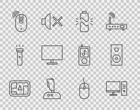 Set line Gps device with map, Computer monitor, Broken battery, Joystick for Illustrazione stock