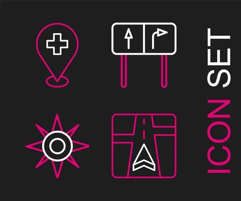 Set line Gps device with map, Wind rose, Road traffic sign and Medical location Stock Illustration