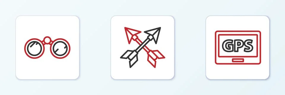 Set line Gps device with map, Binoculars and Crossed arrows icon. Vector Stock Illustration
