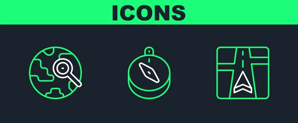 Set line Gps device with map, Magnifying glass globe and Compass icon. Vector 스톡 일러스트