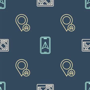 Set line Gps device with map, Location house and City navigation on seamless Stock Illustration