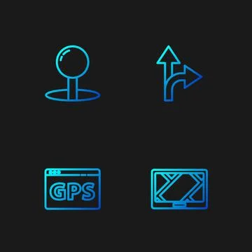 Set line Gps device with map, , Push pin and Road traffic sign. Gradient co.. Ilustração Stock
