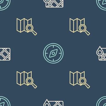 Set line Gps device with map Search location and Compass on seamless pattern. イラスト素材