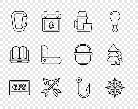 Set line Gps device with map, Wind rose, Thermos container and cup, Crossed.. Stock Illustration