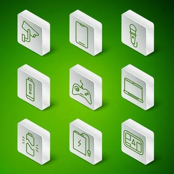 Set line Gps device with map, Power bank charge cable, Security camera, Gam.. Stock Illustration