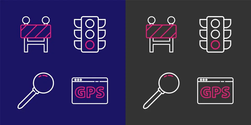 Set line Gps device with map, Push pin, Traffic light and Road barrier icon.. Stock Illustration