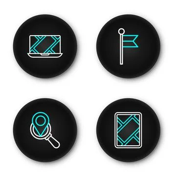 Set line Gps device with map, Search location, Location marker and City nav.. Stock Illustration