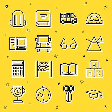 Set line Graduation cap, ABC blocks, Light rays in prism, School Bus, Compute Stock Illustration