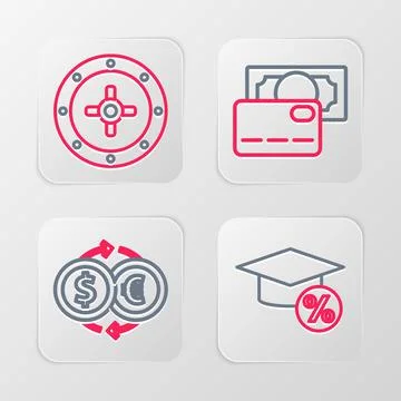 Set line Graduation cap and coin, Money exchange, Credit card and Safe icon.  Ilustração Stock